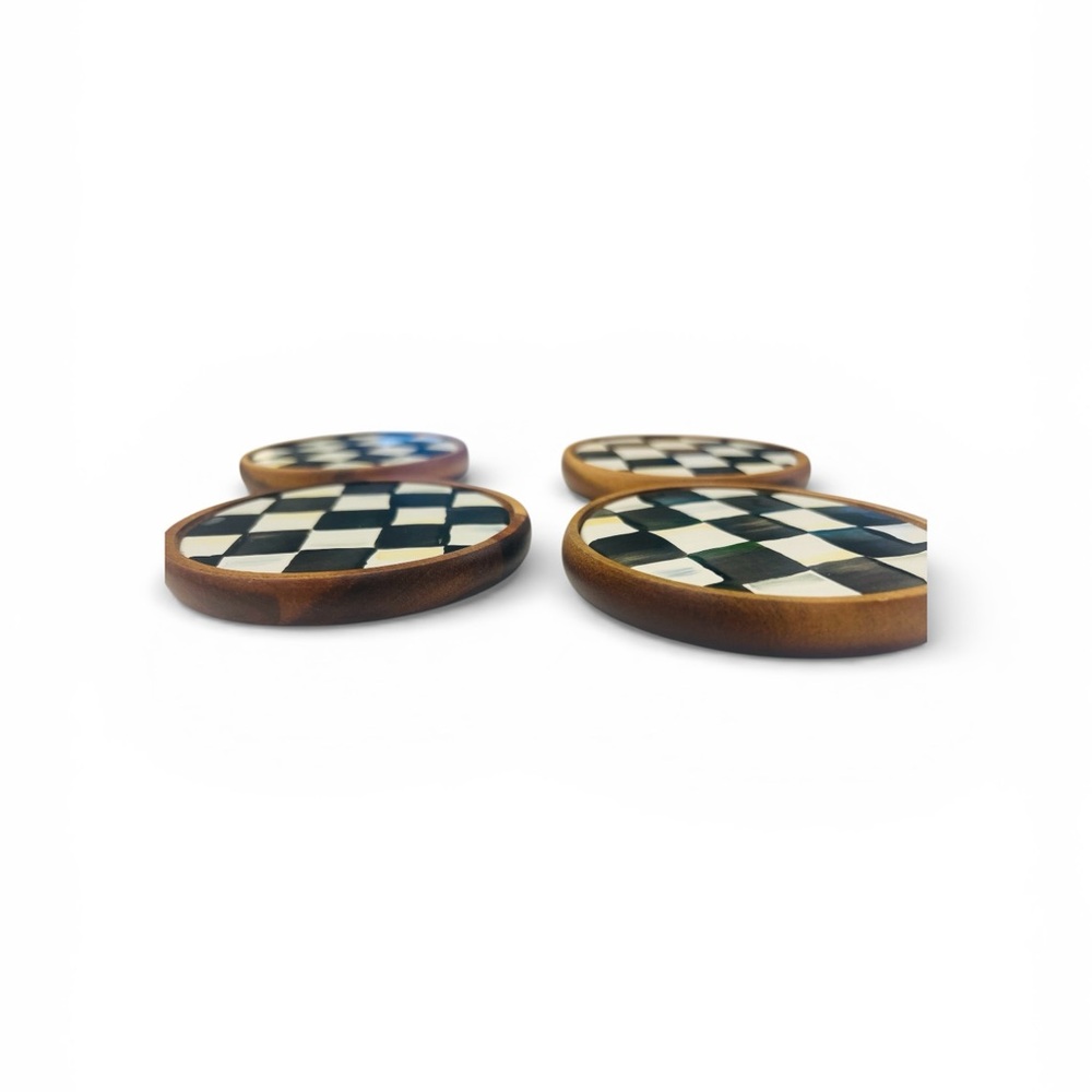 MacKenzie Childs Set of 4 Courtly Check Enamel Coasters On Wood Base - Picture 4 of 6
